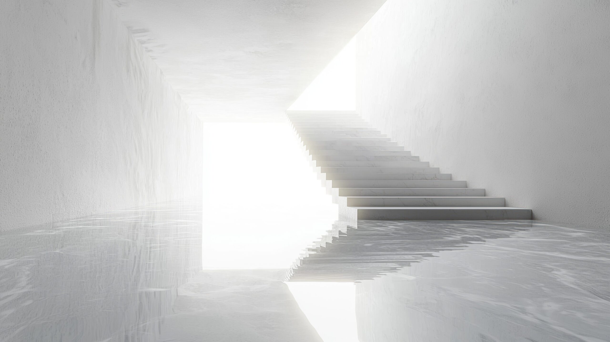 Bright Minimalist Staircase in Empty Room with Reflection and Light